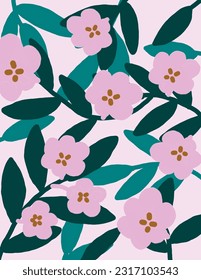 Flores y hojas rosadas en fondo blanco, ilustraciones vectoriales, estética para papel pintado, decoración de pared, cubiertas de plantillas, impresiones de arte. Estético