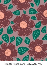 Pink flowers and leaves patterns on grey background for web banner, business presentation, branding package, fabric print, wallpaper, social media post, doodle, notes, book covers, wall decor.