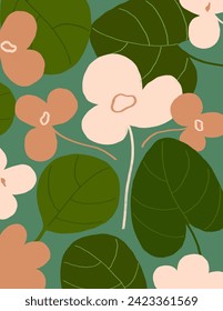 Pink flowers and leaves patterns on green background for branding package, fabric print, wallpaper, social media post, doodle, notes, book covers, wall decor.
