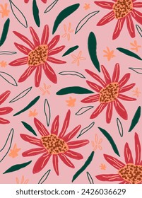 Pink flowers and leaves patterns on pink background for branding package, fabric print, wallpaper, social media post, doodle, notes, book covers, wall decor.