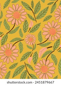 Pink flowers and leaves patterns on yellow background for branding, fabric print, wallpaper, social media post, doodle, notes, book covers, wall decor.