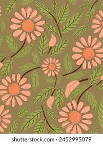 Rosa Blüten und Blättermuster auf grünem Hintergrund für Branding, Stoffdruck, Bildschirmhintergrund, Social Media Post, Doodle, Notizen, Buchumschläge, Wanddekor.