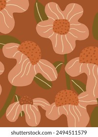 Pink flowers and leaves patterns on terracotta background for web banner, branding package, fabric print, wallpaper, social media post, doodle, notes, book covers, wall decor.