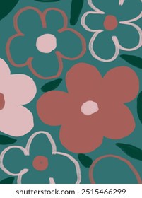 Flores rosadas y patrones de hojas sobre fondo verde para el paquete de marca, impresión de tela, Fondo de pantalla, publicación de redes sociales, doodle, notas, cubiertas de libros, decoración de la pared.