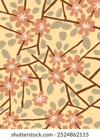Pink flowers and leaves patterns on yellow background for web banner, branding package, fabric print, wallpaper, social media post, doodle, notes, book covers, wall decor.