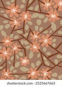 Rosa Blumen und Blätter Muster auf braunem Hintergrund für Web-Banner, Branding-Paket, Stoffdruck, Tapete, Social-Media-Post, doodle, Notizen, Buchumschläge, Wanddekoration.