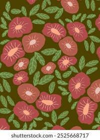 Flores rosadas y patrones de hojas sobre fondo verde para el Anuncio de Web, paquete de marca, impresión de tela, Fondo de pantalla, publicación de redes sociales, doodle, notas, cubiertas de libros, decoración de la pared.