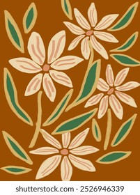 Flores e folhas cor-de-rosa padrões no fundo laranja para banner web, pacote de marca, impressão de tecido, papel de parede, post de mídia social, rabiscar, notas, capas de livros, decoração de parede.