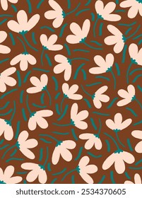 Patrones de flores y hojas de color rosa sobre fondo marrón para el Anuncio de Web, presentación de negocios, paquete de marca, impresión de tela, Fondo de pantalla, publicación de redes sociales, doodle, notas, cubiertas de libros, decoración de la pared.