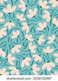 Pink flowers and leaves patterns on green background for web banner, business presentation, branding package, fabric print, wallpaper, social media post, doodle, notes, book covers, wall decor.