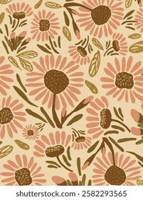 Pink flowers and leaves patterns on yellow background for web banner, branding package, fabric print, wallpaper, social media post, doodle, notes, book covers, wall decor.