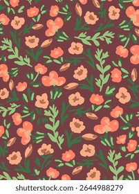 Pink flowers and leaves patterns on purple background for web banner, branding package, fabric print, wallpaper, social media post, doodle, notes, book covers, wall decor.