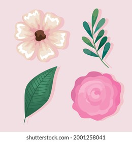 pink flowers with leaves set