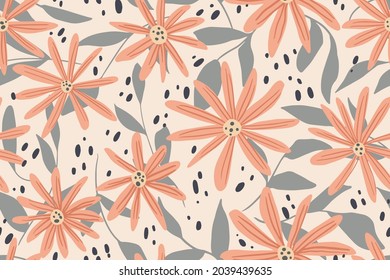 Flores rosas y hojas vectoriales sin fisuras - diseño botánico floral para tela, envoltura, textil, papel pintado, fondo.