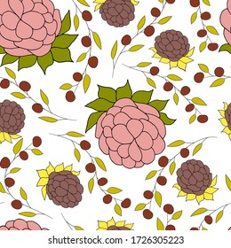 Pink flowers and maroon berries on a white background. Vector seamless pattern. Design for cloth, print, card, wrapping.