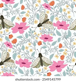 Pink Flowers And Moths In Winter Morning Garden vector hand drawn seamless Pattern and background