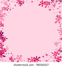 Pink flowers on a Pink background. Abstraction with flowers. Pink confetti. A scattering of flowers. Pink flowers. Spring. 