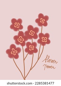 Flores rosas sobre fondo rosa con una nota "poder de la flor" ilustraciones vectoriales, estética para papel de pared, decoración de pared, cubiertas de plantillas, impresiones de arte