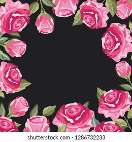 Pink Flowers on black background. Vintage botanical frame. Rose garden flowers. Floral background of watercolor roses. Vector illustration.