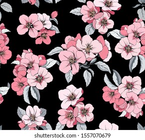 Pink flowers on black background seamless pattern. Apple flowers drawing vector.