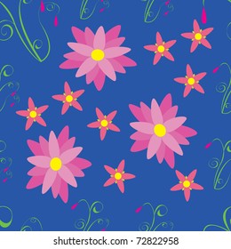 Pink flowers on blue background - seamless pattern