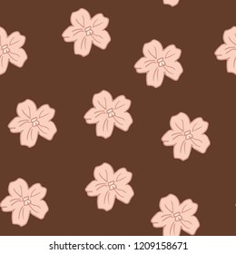 Pink flowers on brown background, seamless pattern, vector illustration 
