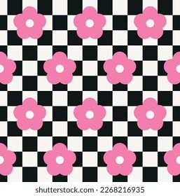 Pink flowers on checkered background. Psychedelic 70's style pattern. Vector illustration.
