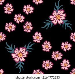 Pink flowers on dark background. Floral seamless pattern. Modern print for fabric, textiles, wrapping paper. Vector illustration