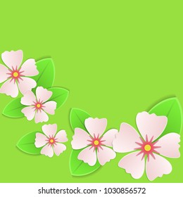 rosafarbene Blumen auf grünem Hintergrund, Frühjahrskarte-Vorlage. Vektorgrafik.