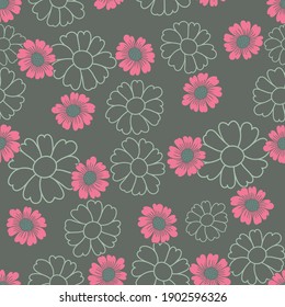 Pink Flowers on Green Background Vector Seamless Pattern