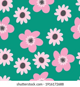 Pink flowers on a greenbackground vector flower seamless pattern for minimalist design. Vector flower clipart textile fabrics, wrapping paper, spring postcards, and patterns.