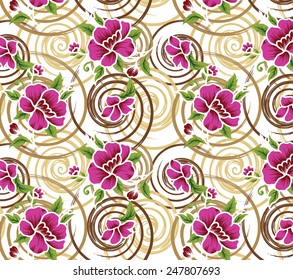 Pink flowers on Vintage brown background with small leaves.