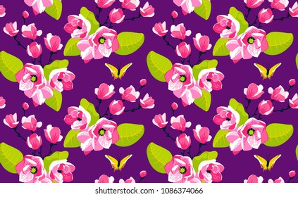 Pink flowers on violet background with yellow butterflies. Vector pattern