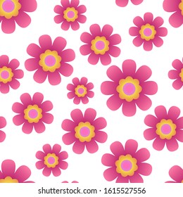 Pink flowers on white background seamless pattern. Vector floral cartoon illustration.