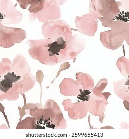 Pink flowers on a white background, watercolor flower seamless pattern. Watercolor print in rustic vintage style, textile or wallpaper.