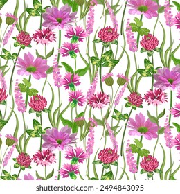 Pink flowers on a white background.Vector seamless pattern with many pink flowers on a white background.