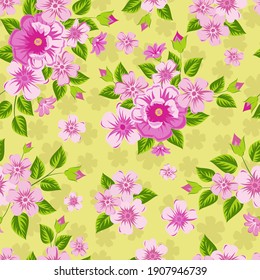 Pink flowers on yellow background. Seamless bright print.