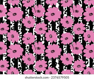 pink flowers over striped animal skin allover print