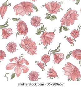 Pink flowers over white spring seamless pattern