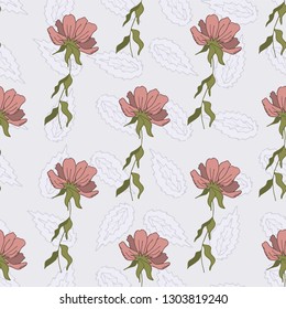 Pink flowers in pastel colors. Seamless pattern, ornament. Bouquets of wild flowers and herbs. Printing for textile Wallpaper, fabrics, tablecloths, scarves, shawls, bandanas, covers, postcards