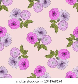 Pink flowers in pastel colors. Seamless pattern, ornament. Bouquets of wild flowers and herbs. Printing for textile Wallpaper, fabrics, tablecloths, scarves, shawls, bandanas, covers, postcards
