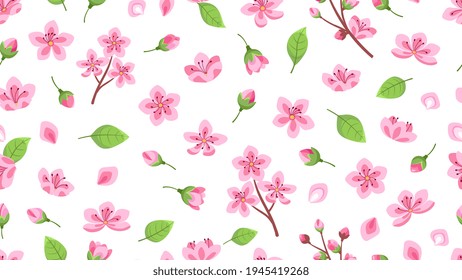 Pink flowers pattern. Blossom sakura, cherry tree floral ornament. Cloth print, romantic cute vector seamless texture