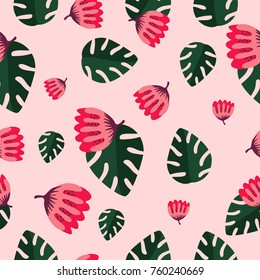 Pink flowers pattern with dark green leafs