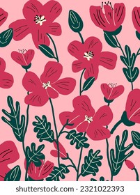 Pink flowers pattern with the leaves on pink background. illustrations, vector aesthetic for wallpaper, wall decor, templates covers, art prints