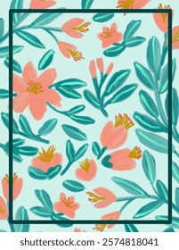 Pink flowers pattern with leaves patterns on green background illustrations, vector aesthetic for wallpaper, wall decor, templates covers, art prints