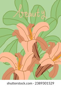 Patrón de flores rosadas con la inscripción "belleza" sobre fondo verde para banner web, paquete de marca, impresión de tela, papel pintado, publicación en medios sociales, garabatos, notas, portadas de libros, decoración de paredes.