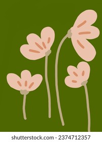 Flores rosas con fondo de color verde. ilustraciones, estética vectorial para papel pintado, decoración de pared, cubiertas de plantillas, impresiones de arte