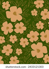 Pink flowers patterns with green leaves on green background for branding, fabric print, wallpaper, social media post, doodle, notes, book covers, wall decor.