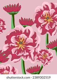rosafarbene Blumenmuster auf rosafarbenem Hintergrund für Web-Banner, Geschäftspräsentation, Branding-Paket, Stoffdruck, Tapete, Social-Media-Post, Doodle, Noten, Buchumschläge, Wanddekor.