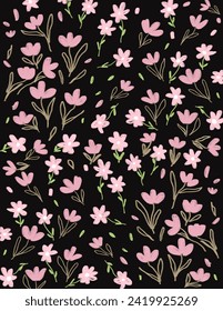 Pink flowers patterns on black background for branding package, fabric print, wallpaper, social media post, doodle, notes, book covers, wall decor.